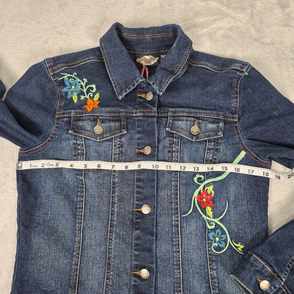 Harley Davidson Womens M Denim Jacket Embroidered Eagle Floral Biker Motorcycle - Picture 7 of 9